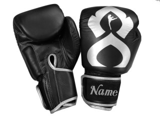 Personalised Real Leather Boxing Gloves : KNGCUST-R-422 Black-Silver
