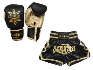 Product Set Matching Boxing Gloves and Custom Thai Shorts : Set-121-Black