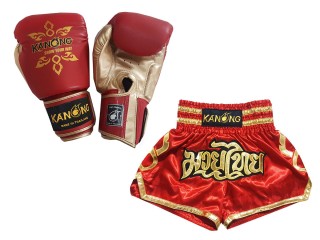 Product Set Matching Boxing Gloves and Custom Thai Shorts : Set-121-Red