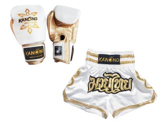 Product Set Matching Boxing Gloves and Custom Thai Shorts : Set-121-White