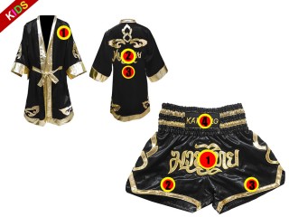 Kanong Boxing Robe and Thai Boxing Shorts for Fighters for Kids : Model 121-Black