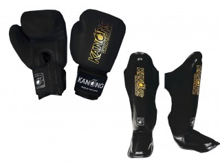 Kanong Boxing Gloves + Shin Pads : Simple Black