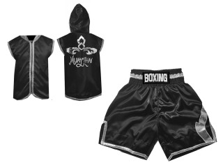 Kanong Custom Boxing Hoodies and Boxing Shorts : KNCUSET-008-Black-Silver