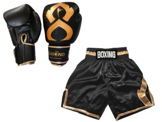 Budle Set Real Leather Boxing Gloves + Personalized Boxing Shorts : KNCUSET-201-Black-Gold