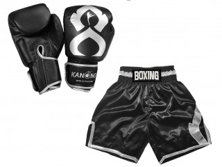 Budle Set Real Leather Boxing Gloves + Personalized Boxing Shorts : KNCUSET-201-Black-Silver
