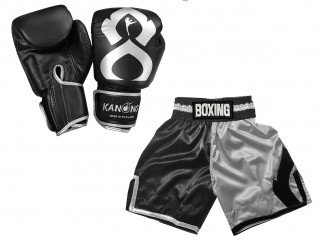 Budle Set Real Leather Boxing Gloves + Personalized Boxing Shorts : KNCUSET-202-Black-Silver