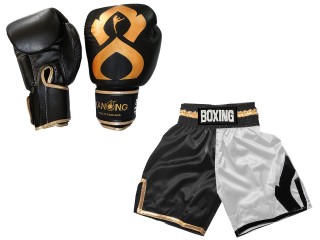Budle Set Real Leather Boxing Gloves + Personalized Boxing Shorts : KNCUSET-202-Black-White