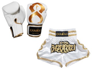 Budle Set Real Leather Boxing Gloves and Custom Thai Shorts : Set-121-Thaikick-White