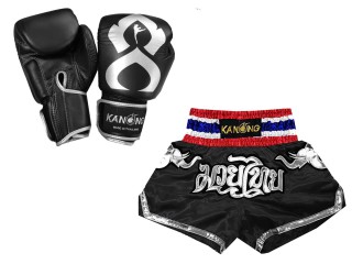 Budle Set Real Leather Boxing Gloves and Custom Thai Shorts : Set-125-Gloves-Thaikick-Black