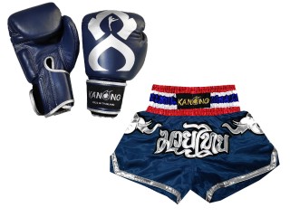 Budle Set Real Leather Boxing Gloves and Custom Thai Shorts : Set-125-Gloves-Thaikick-Navy