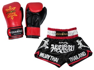 Budle Set Real Leather Boxing Gloves and Custom Thai Shorts : Set-133-Gloves-Black