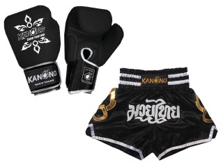 Budle Set Real Leather Boxing Gloves and Custom Thai Shorts : Set-143-Gloves-Black