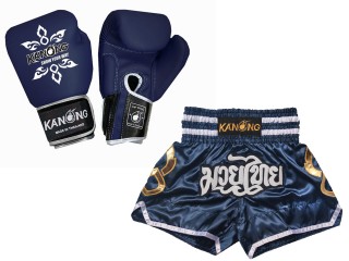 Budle Set Real Leather Boxing Gloves and Custom Thai Shorts : Set-143-Gloves-Navy