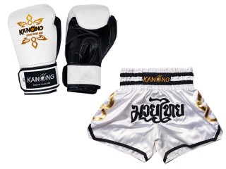 Budle Set Real Leather Boxing Gloves and Custom Thai Shorts : Set-143-Gloves-White