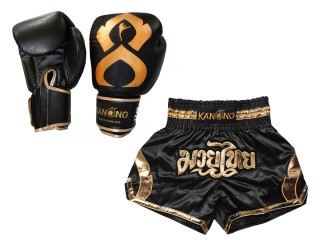 Budle Set Real Leather Boxing Gloves and Custom Thai Shorts : Set-144-Gloves-Black-Gold