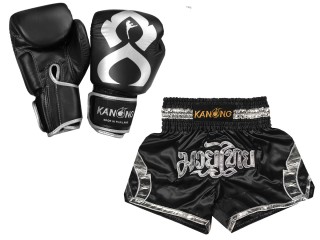 Budle Set Real Leather Boxing Gloves and Custom Thai Shorts : Set-144-Gloves-Black-Silver