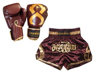 Budle Set Real Leather Boxing Gloves and Custom Thai Shorts : Set-144-Gloves-Maroon