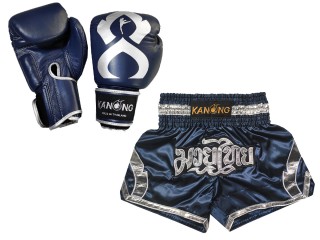 Budle Set Real Leather Boxing Gloves and Custom Thai Shorts : Set-144-Gloves-Navy
