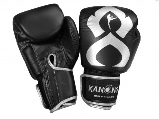 Kanong Real Leather Boxing Gloves : "Thai Kick" Black-Silver