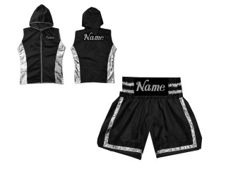 Kanong Custom Boxing Hoodies and Boxing Shorts : KNCUSET-007-Black-Silver