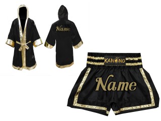 Kanong Boxing Robe and Thai Boxing Shorts : Set-140-Black-Gold