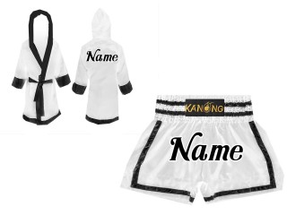 Kanong Boxing Robe and Thai Boxing Shorts : Set-140-White-Black