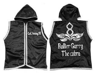Customized Boxing Jacket with Hood for Fighters : KNHODCUST-001-Black-Silver