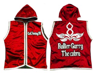  Customized Boxing Jacket with Hood for Fighters : KNHODCUST-001-Red-Silver