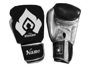 Personalised Black Boxing Gloves with Silver Flame : KNGCUST-062