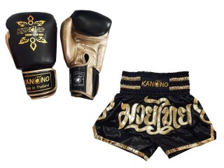 Product Set Matching Boxing Gloves and Custom Thai Shorts : Set-121-Black