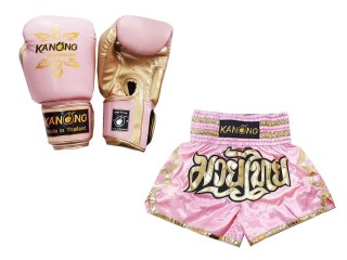 Product Set Matching Boxing Gloves and Custom Thai Shorts : Set-121-Pink
