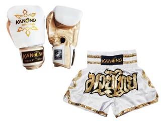 Product Set Matching Boxing Gloves and Custom Thai Shorts : Set-121-White
