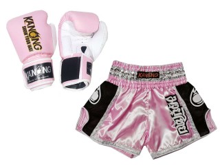 Product Set Matching Boxing Gloves and Custom Thai Shorts : Set-208-Pink