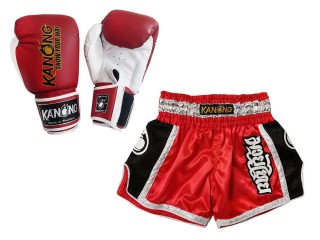 Product Set Matching Boxing Gloves and Custom Thai Shorts : Set-208-Red