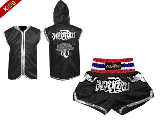 Kanong Boxing Hoodies and Thai Boxing Shorts for Kids : 125 Black