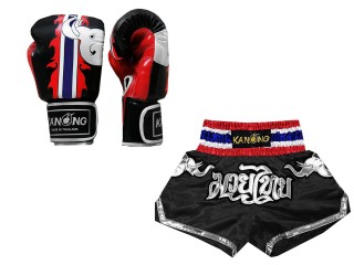 Product Set Matching Boxing Gloves and Custom Thai Shorts : Set-125-Black