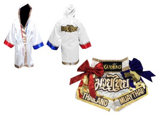 Kanong Boxing Robe and Thai Boxing Shorts for Fighters : Model 128-White