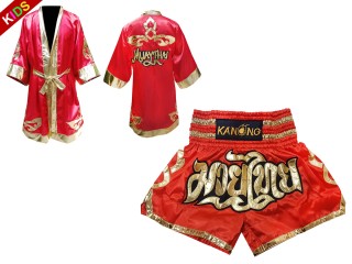 Kanong Boxing Robe and Thai Boxing Shorts for Fighters for Kids : Model 121-Red